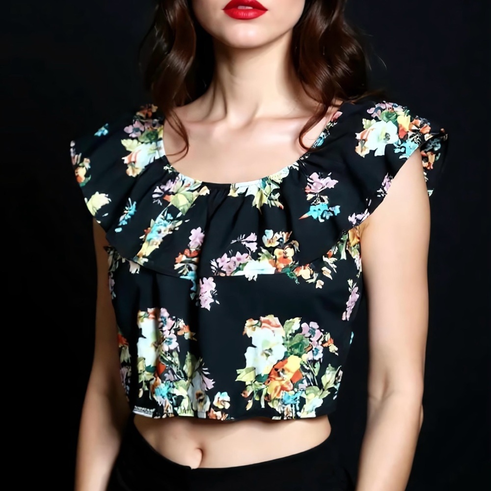 ICON Orange and Green Ruffled Crop Blouse